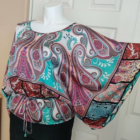 Karen Kane paisley boho 100% silk caftan blouse sz L - Picture 4 of 10